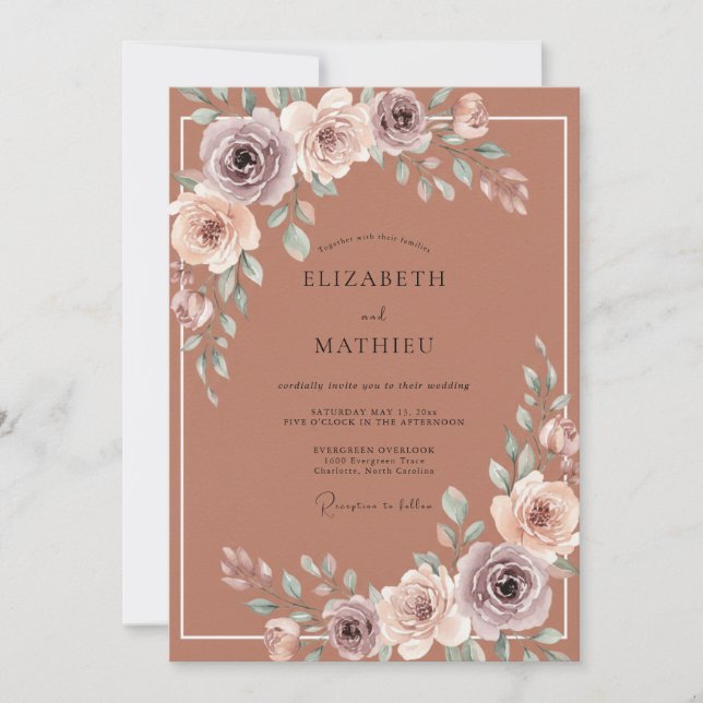 Convites Casamento com Aquarela Floral Enferrujada (Frente)
