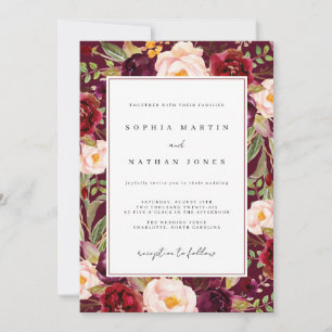 Convites Casamento com Aquarela Floral Luxuriante Burgundy