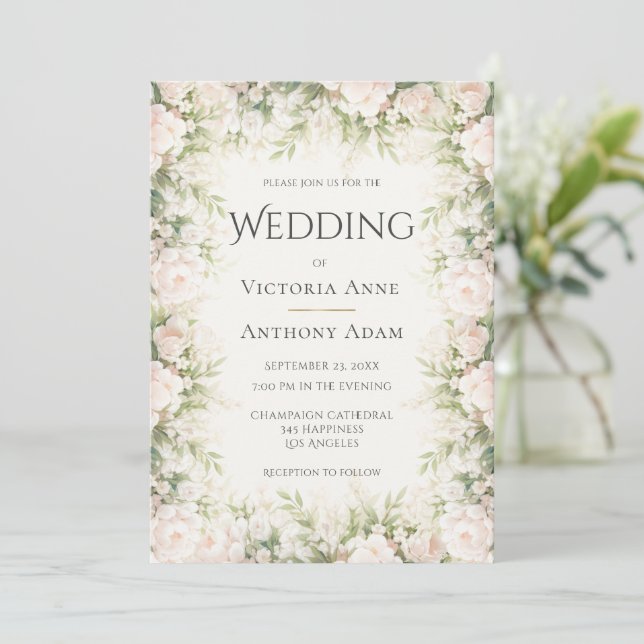 Convites Casamento com Aquarela Floral Rosa (Em pé/Frente)