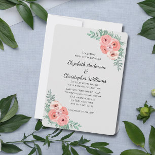 Convites Casamento com Aquarela Floral Rosa e Cinza Elegant