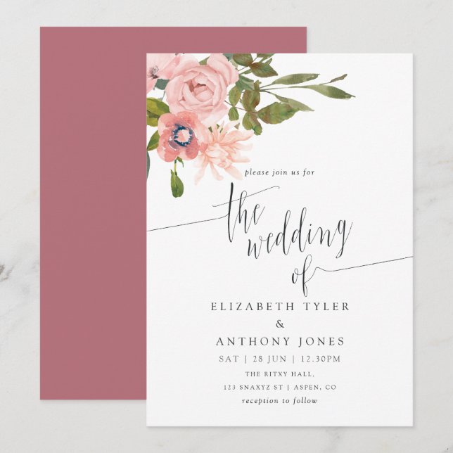 Convites Casamento com Aquarela Floral Rosa e Dourado (Frente/Verso)