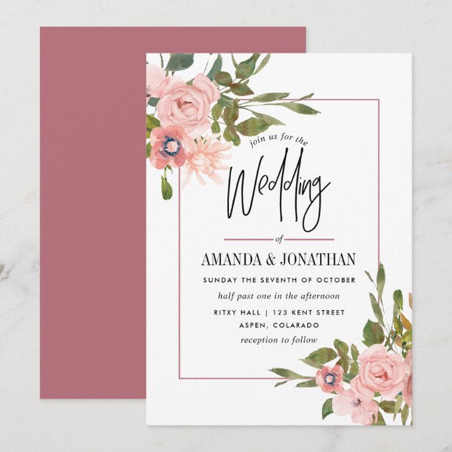 Convites Casamento com Aquarela Floral Rosa e Dourado (Frente/Verso)