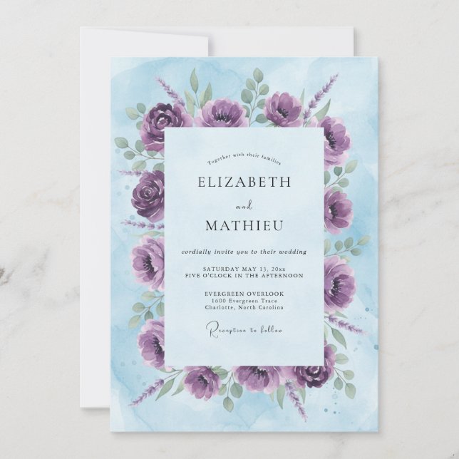Convites Casamento com Aquarela Floral Roxa (Frente)