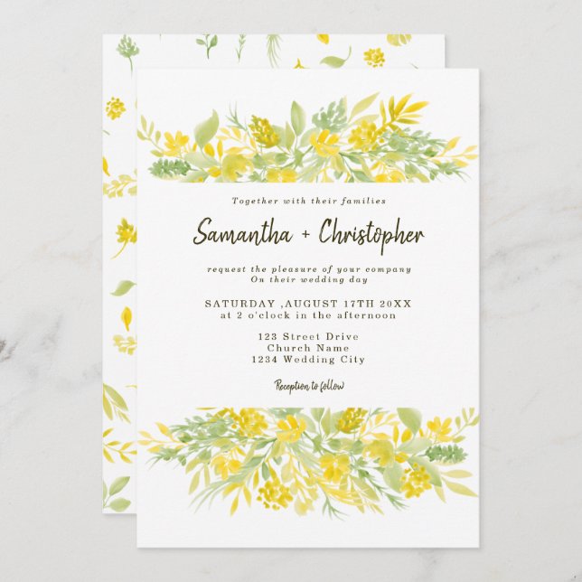 Convites Casamento com aquarela floral verde-amarelo casual (Frente/Verso)