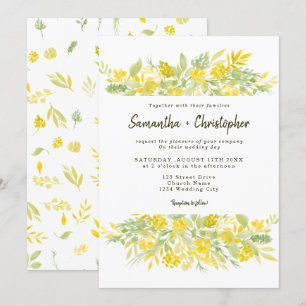 Convites Casamento com aquarela floral verde-amarelo casual