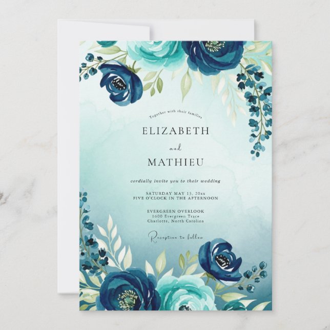 Convites Casamento com Aquarela Florescente Turquesa (Frente)