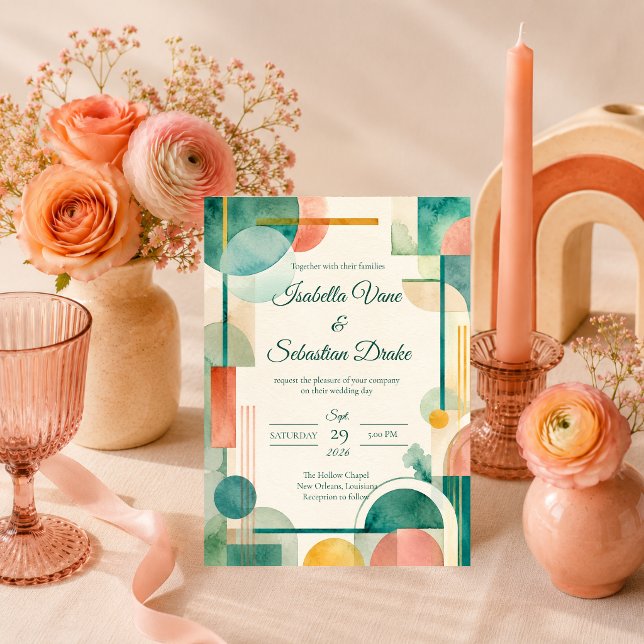 Convites Casamento com Aquarela Geométrica Moderna (Criador carregado)