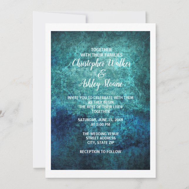 Convites Casamento com Aquarela Grunge em Azul Turquesa e A (Frente)