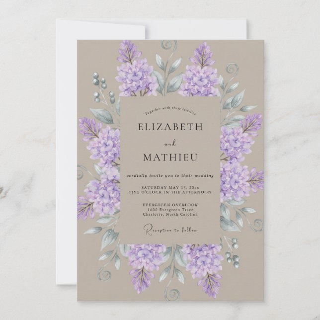 Convites Casamento com Aquarela Lilás-Toupeira (Frente)