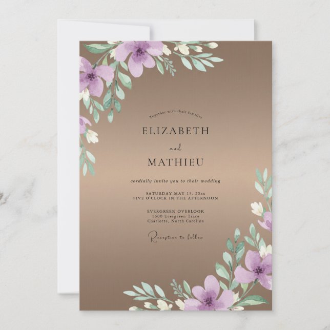 Convites Casamento com Aquarela Lilás Toupeira (Frente)