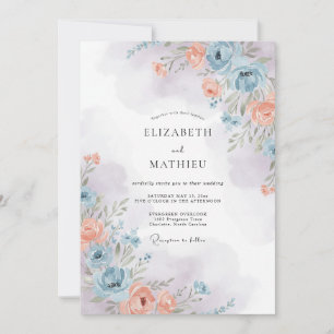 Convites Casamento com Aquarela Lírica em Azul Empoeirado