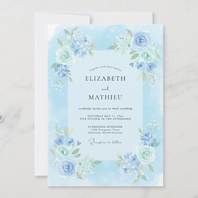Convites Casamento com Aquarela Luminosa Azul Céu (Frente)