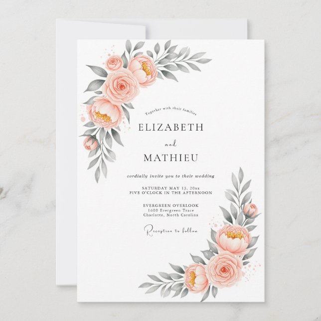 Convites Casamento com Aquarela Luminosa de Pêssego (Frente)