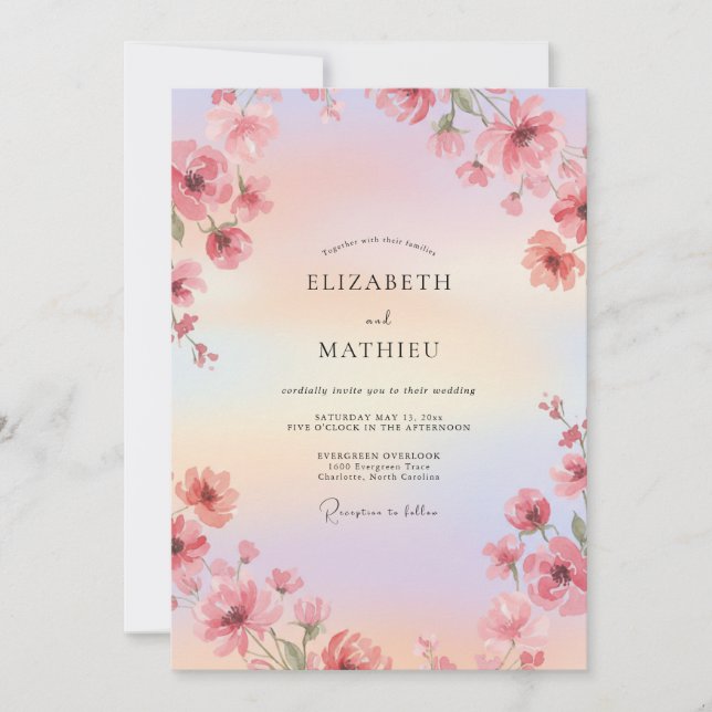 Convites Casamento com Aquarela Luminosa Rosa (Frente)