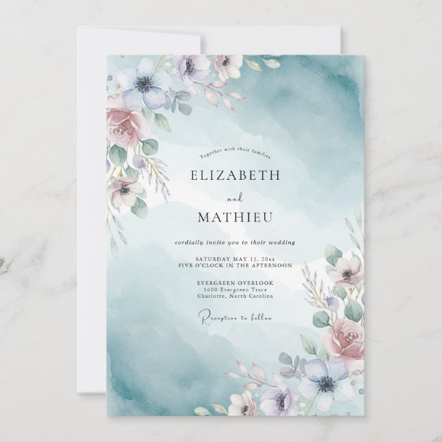 Convites Casamento com Aquarela Luminosa Turquesa (Frente)