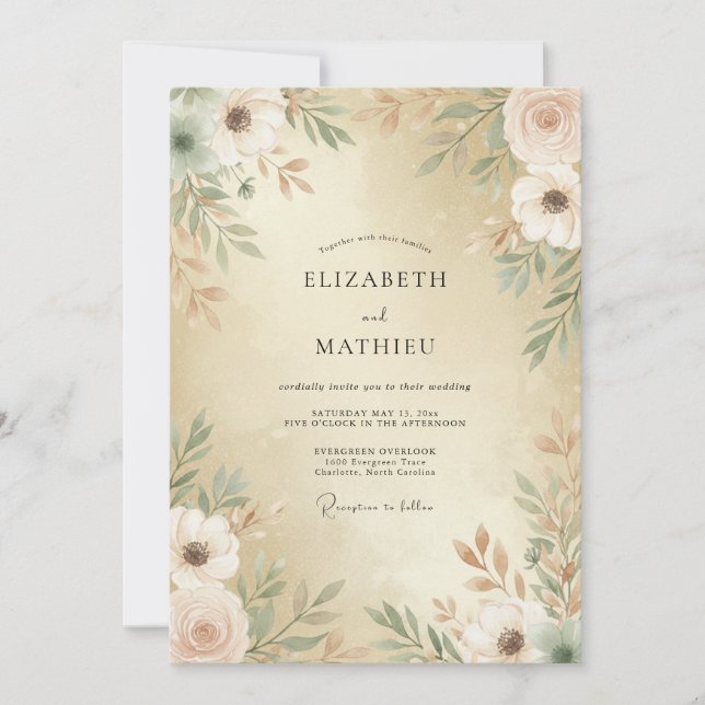 Convites Casamento com Aquarela Luxuosa de Champanhe (Frente)