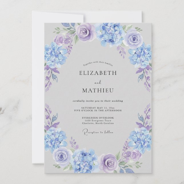 Convites Casamento com Aquarela Luxuriante de Periwinkle (Frente)