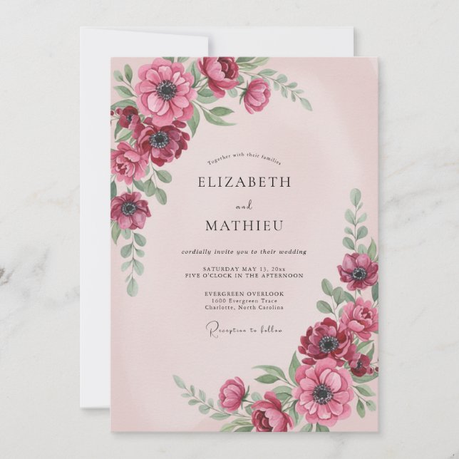 Convites Casamento com Aquarela Luxuriante em Borgonha (Frente)