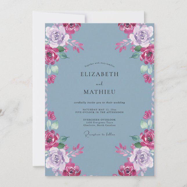 Convites Casamento com Aquarela Magenta Ardósia (Frente)