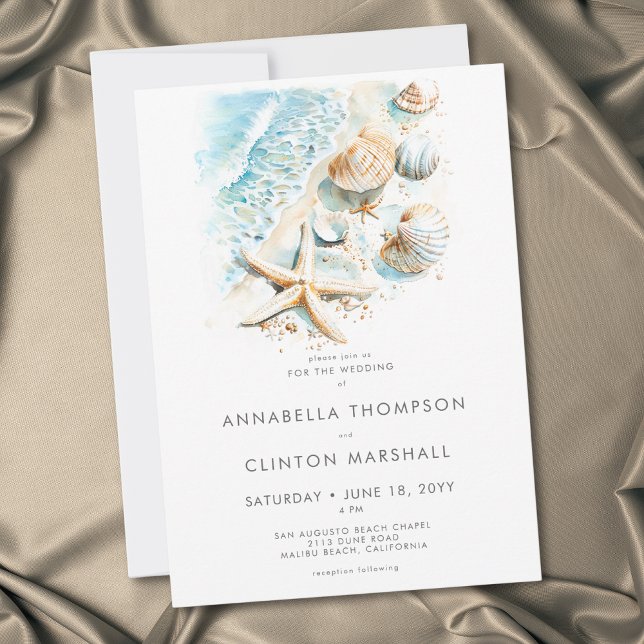 Convites Casamento com Aquarela Moderna de Conchas de Praia (Coastal Beach Shell Modern Watercolor Wedding Invitation)