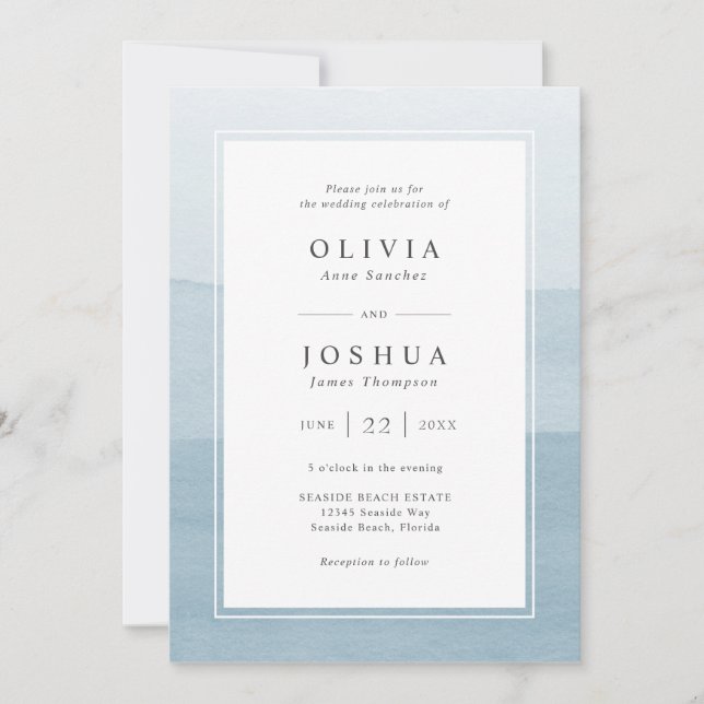 Convites Casamento com Aquarela Moderna em Azul Desbotado (Frente)