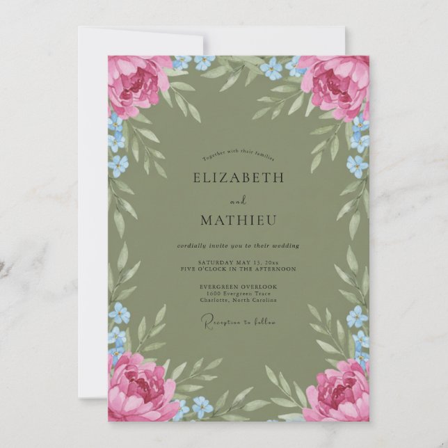 Convites Casamento com Aquarela Oliva Rosa (Frente)