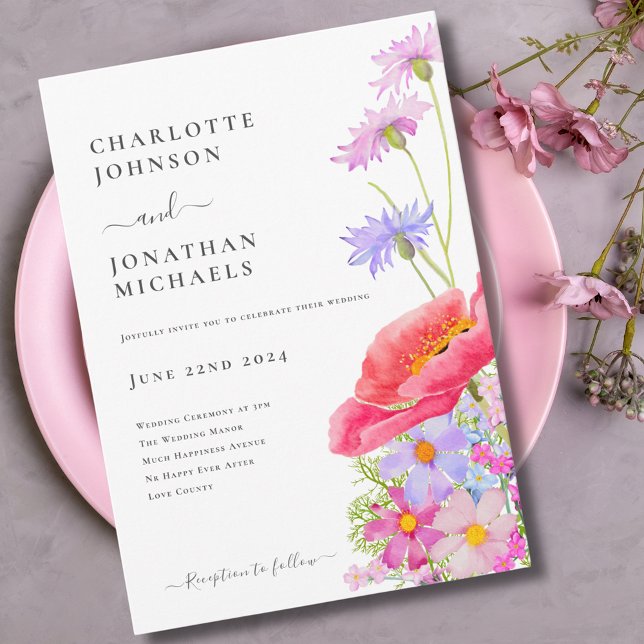 Convites Casamento com Aquarela Pastel de Flores Silvestres (Modern wildflower pastel watercolor pink purple wedding invitation )