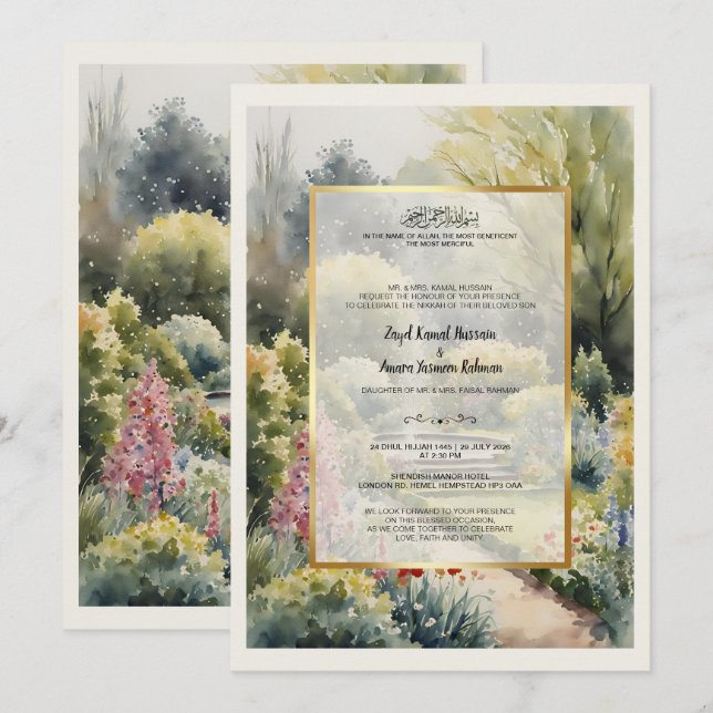 Convites Casamento com Aquarela Personalizada em Shendish M (Frente/Verso)