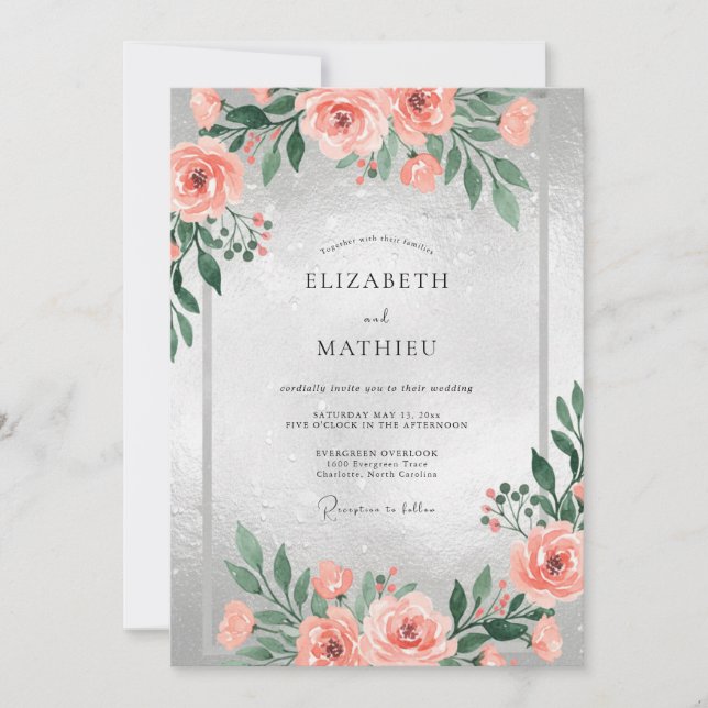 Convites Casamento com Aquarela Prata Coral (Frente)