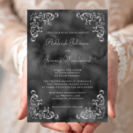 Convites Casamento com Aquarela Preta Prata Vintage