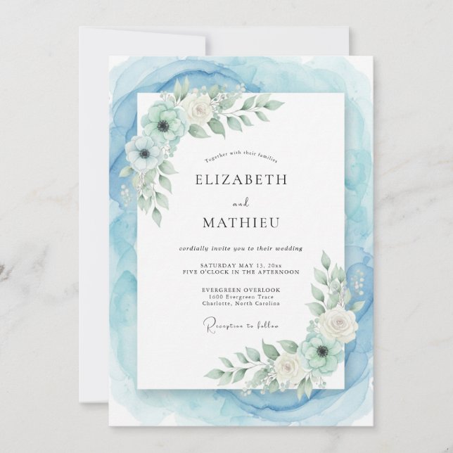 Convites Casamento com Aquarela Radiante Azul Desbotado (Frente)