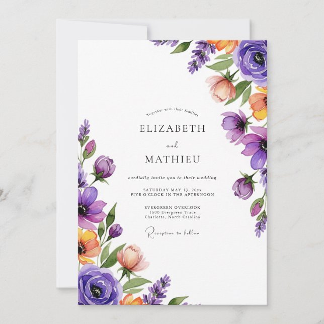 Convites Casamento com Aquarela Radiante de Lavanda (Frente)