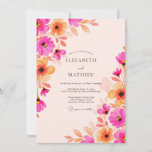 Convites Casamento com Aquarela Radiante em Tons de Fúcsia