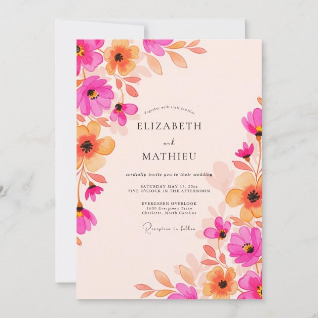 Convites Casamento com Aquarela Radiante em Tons de Fúcsia  (Frente)