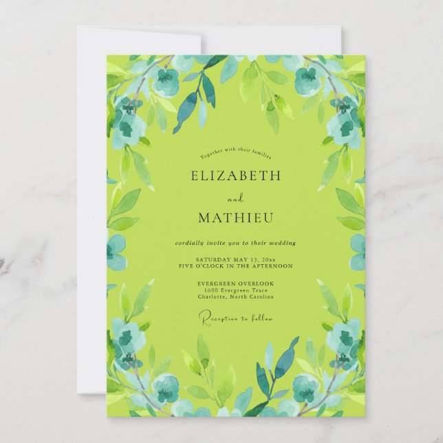 Convites Casamento com Aquarela Radiante Verde Lima (Frente)
