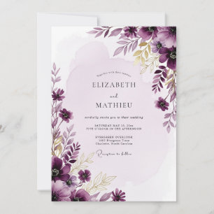 Convites Casamento com Aquarela Resplandecente de Ameixa