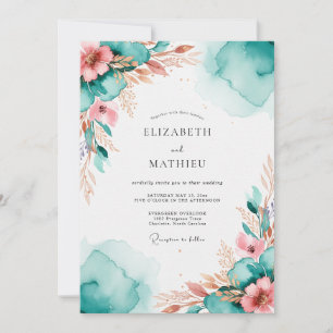 Convites Casamento com Aquarela Resplandecente em Azul Verd