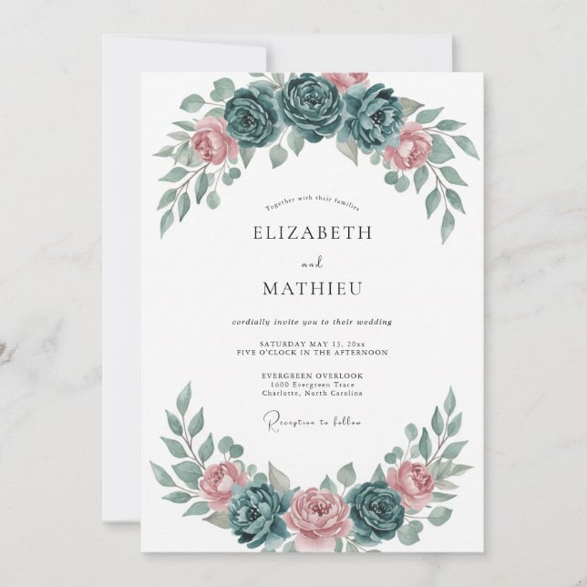 Convites Casamento com Aquarela Romântica em Azul Verde (Frente)