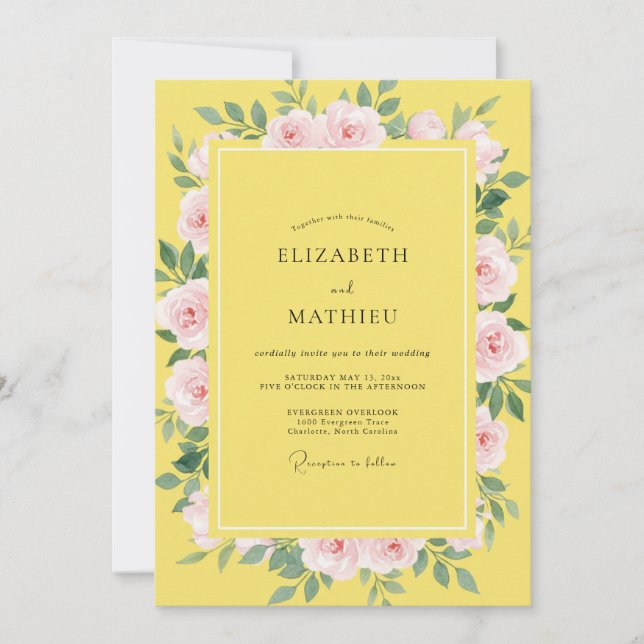 Convites Casamento com Aquarela Rosa Canário (Frente)