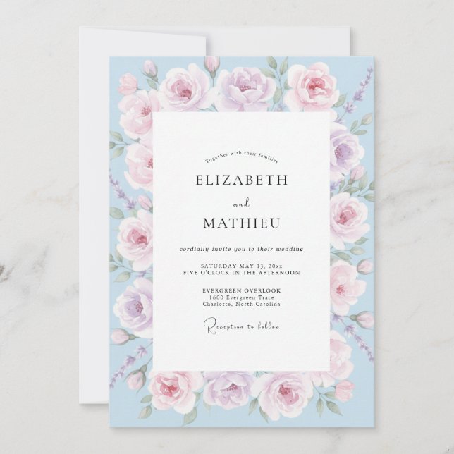 Convites Casamento com Aquarela Rosa Centáurea (Frente)