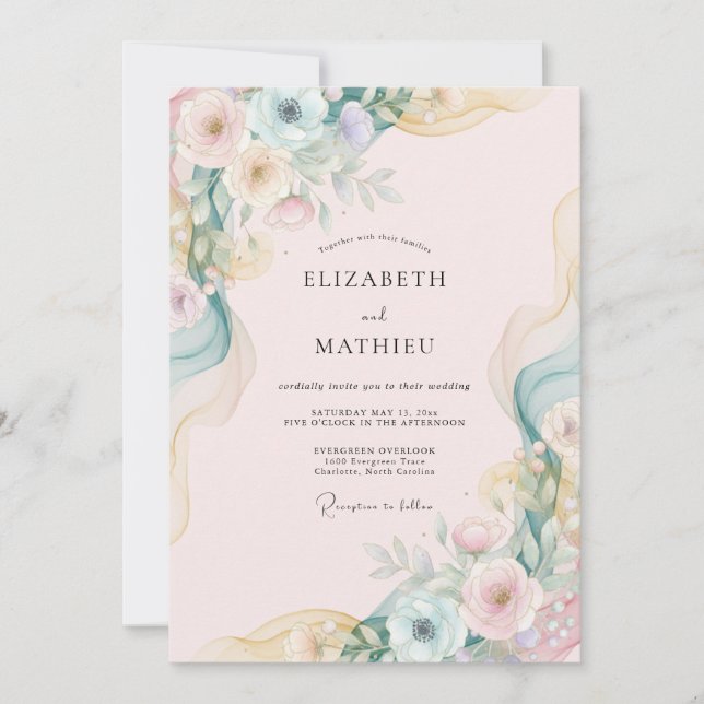 Convites Casamento com Aquarela Rosa e Verde Menta (Frente)