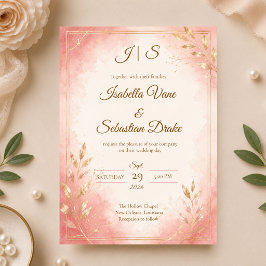 Convites Casamento com Aquarela Rosa Elegante