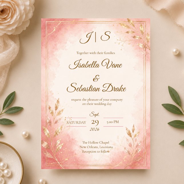 Convites Casamento com Aquarela Rosa Elegante (Criador carregado)