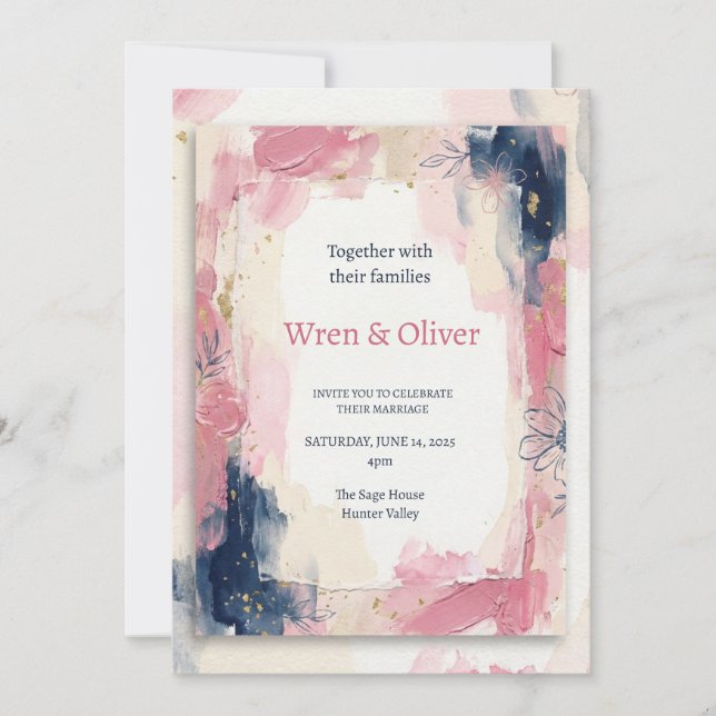 Convites Casamento com Aquarela Rosa Marinho (Frente)