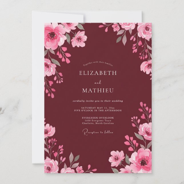 Convites Casamento com Aquarela Rosa Vinho (Frente)