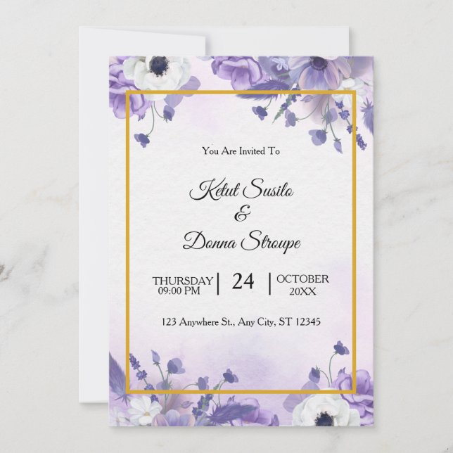Convites Casamento com aquarela roxa elegante (Frente)