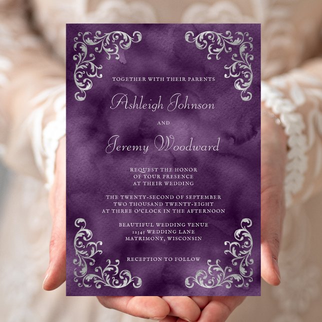 Convites Casamento com Aquarela Roxa Prata Vintage (Criador carregado)