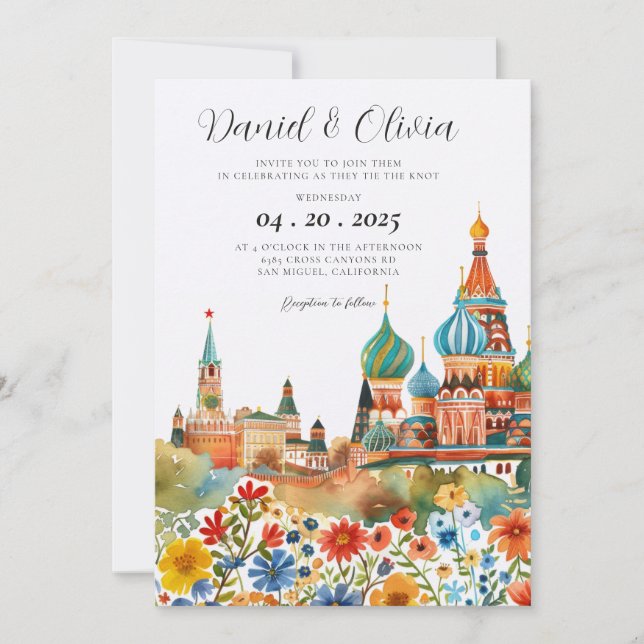 Convites Casamento com Aquarela Russa de Moscou (Frente)