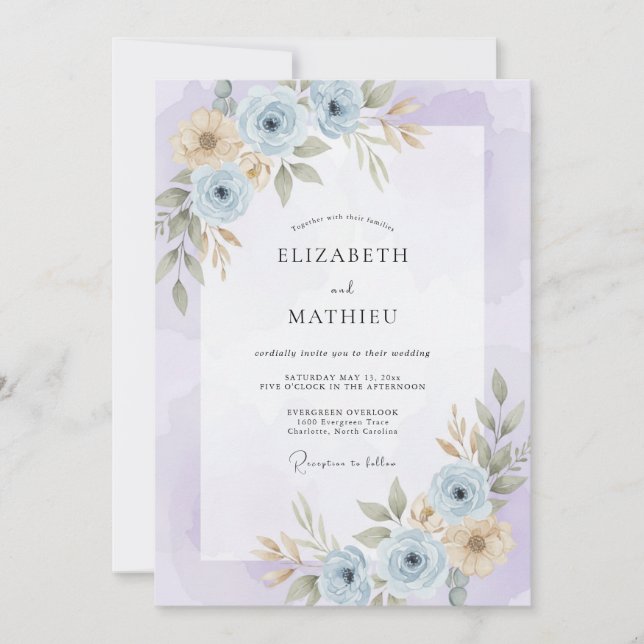 Convites Casamento com Aquarela Serena de Lavanda (Frente)