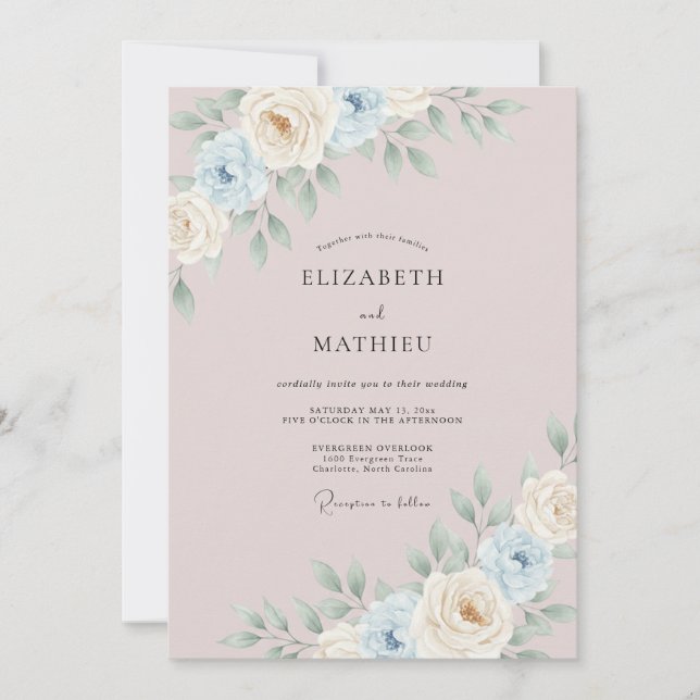 Convites Casamento com Aquarela Sofisticada em Bege Rosa (Frente)